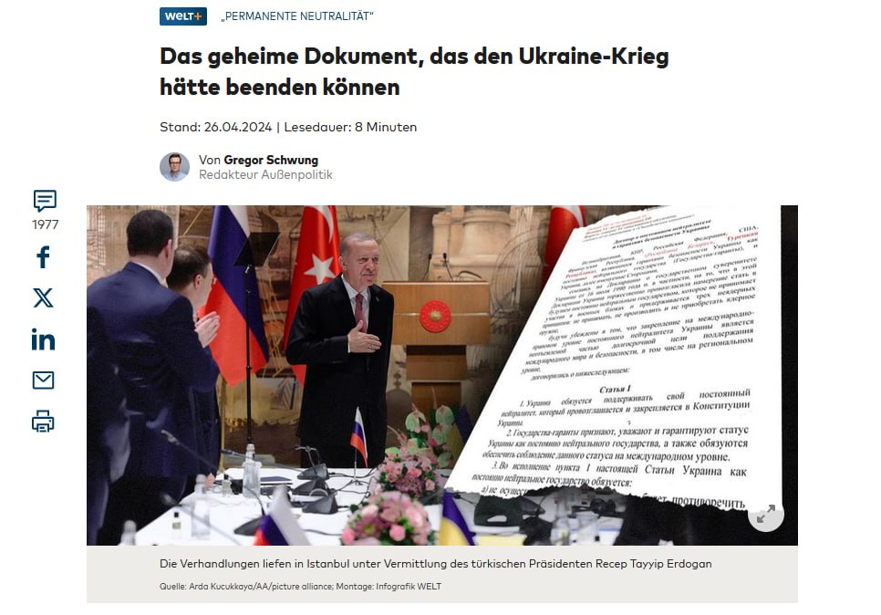 Welt: Draft agreement between Ukraine and Russia was the “best deal” for Kiev